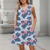 Women's Summer Dresses Loose Fit Printed V Neck Sleeveless Sundresses Beach Hawaiian Dress With Pockets