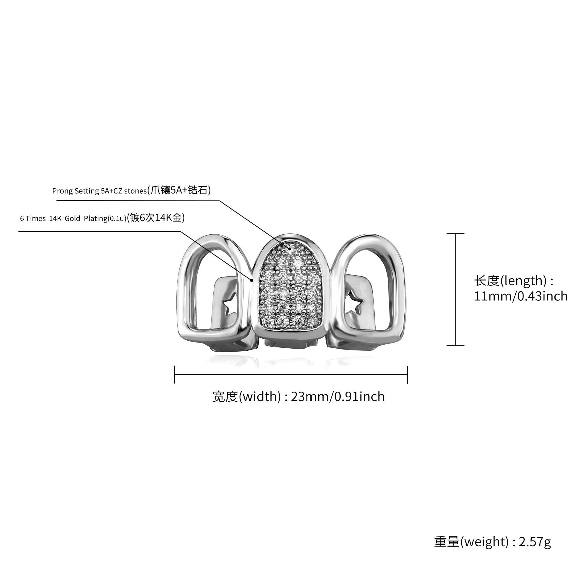 

Европейские и американские полые трехрядные индивидуальные золоченые бриллиантовые брекеты Хэллоуин Хип-Хоп Зубные украшения Оптовая торговля Silver（5A Zircon）