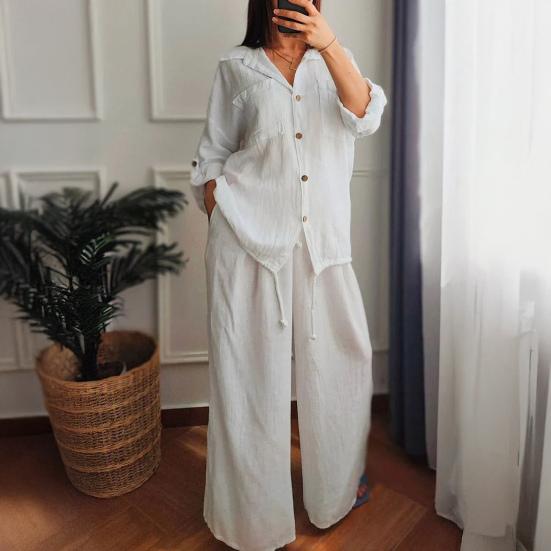 Dámský bavlněno-lněný dvoudílný outfit, ležérní, s dlouhým rukávem, na knoflíky, se stahovací šňůrkou