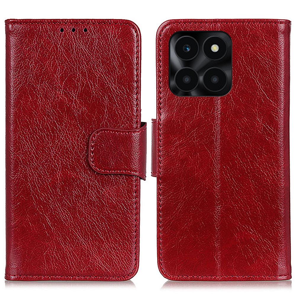 

For Honor X6a 4G Split Leather Nappa Texture Stand Wallet Case Drop Protection Phone Cover Red