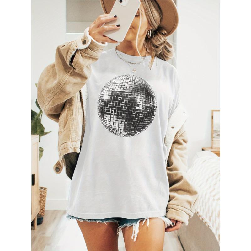 Women's Clothing Disco Ball Print Crew Neck T-shirt Short Sleeve Casual Travel Tops Summer Spring Women's Couple Olympic Top
