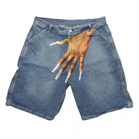 Men Denim Shorts Button Zipper Fly Hand Printed Hip Hop Style Short Pants with Pockets High Street Casual Short Jeans