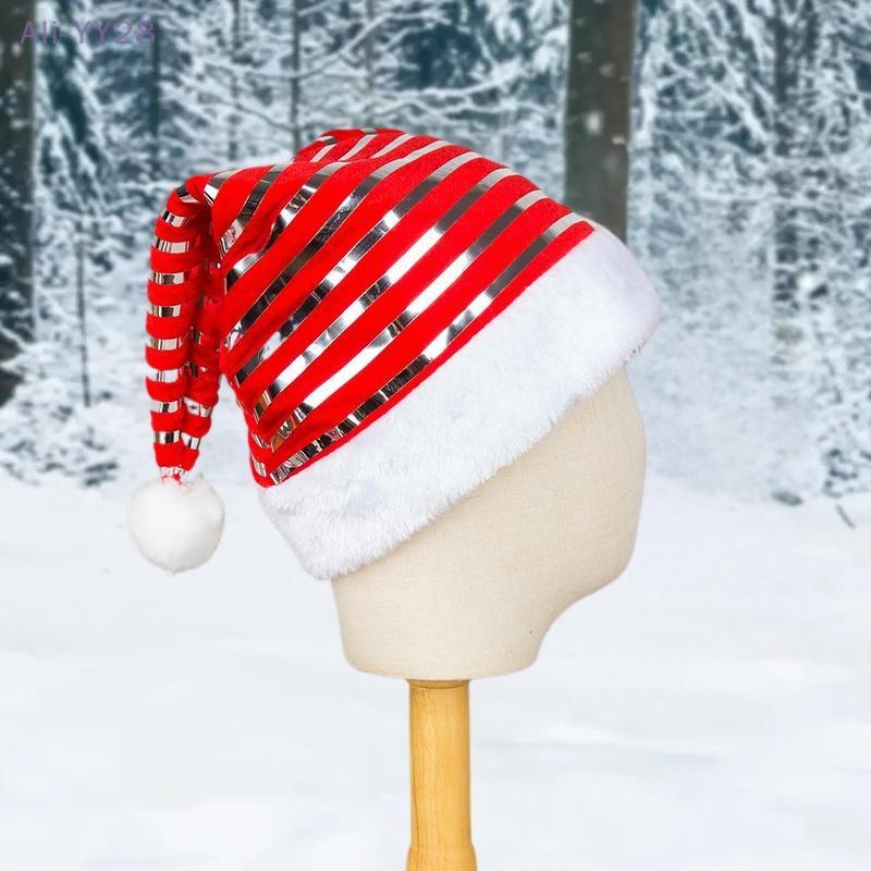 {HMA74} Green Red Stripe Velvet Christmas Hat Shiny Santa Hat Festive Party Cap for Adults Kids Festive Headwear Xmas Costume