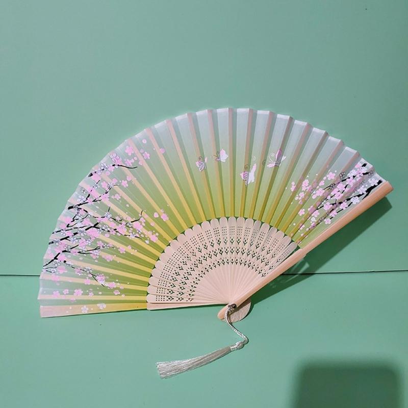 Éventail traditionnel chinois vintage avec pompons Éventail pliant portable Éventail de danse pour femmes Mariages Bals de fin d'études Photographie