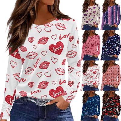 Women's Fashionable Long-Sleeved Round Neck Top with Slit Hem and Valentine's Day Heart Print