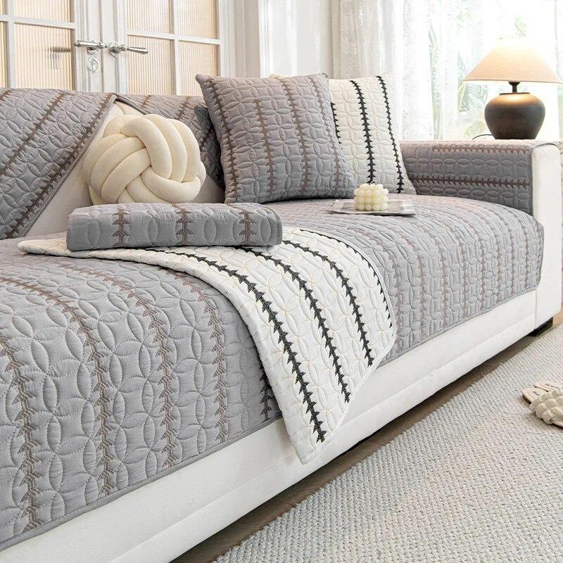 Washed Cotton Embroidered Stripe Sofa Mat Living Room Universal Sofa Slipcover Non-Slip Solid Color Couch Cushion Backrest Towel