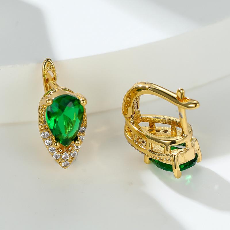 New drop-shaped emerald zircon plated champagne gold ear buckle wedding earrings women's jewelry