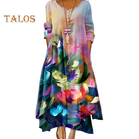 

Платье весна-осень с карманами, винтажным цветочным принтом, V-образным вырезом, неровным многослойным подолом, свободное платье макси А-силуэта для повседневной работы и вечеринки M разноцветный