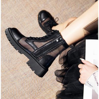 Summer Boots Women Genuine Leather Mesh Cool Boots Chunky Heel Breathable Shoes Women's Hollow-out Mesh Short Boots Sandals