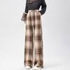 Women's Retro Black & White Plaid Wool Blend Wide-Leg Pants: Fleece-Lined, Thickened, Loose Fit for Autumn/Winter Casual Style.