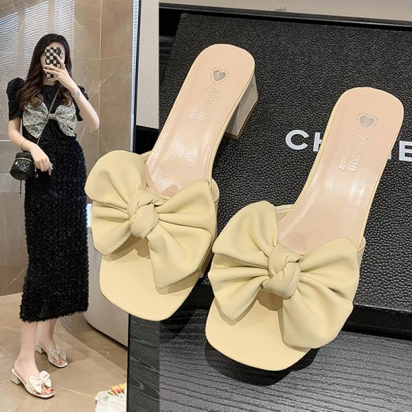 Fashion Square heel Med Slippers Soft Summer Women's Shoes Luxury Slides Butterfly-Knot Block Comfort Designer Fashion Butterfly-knot