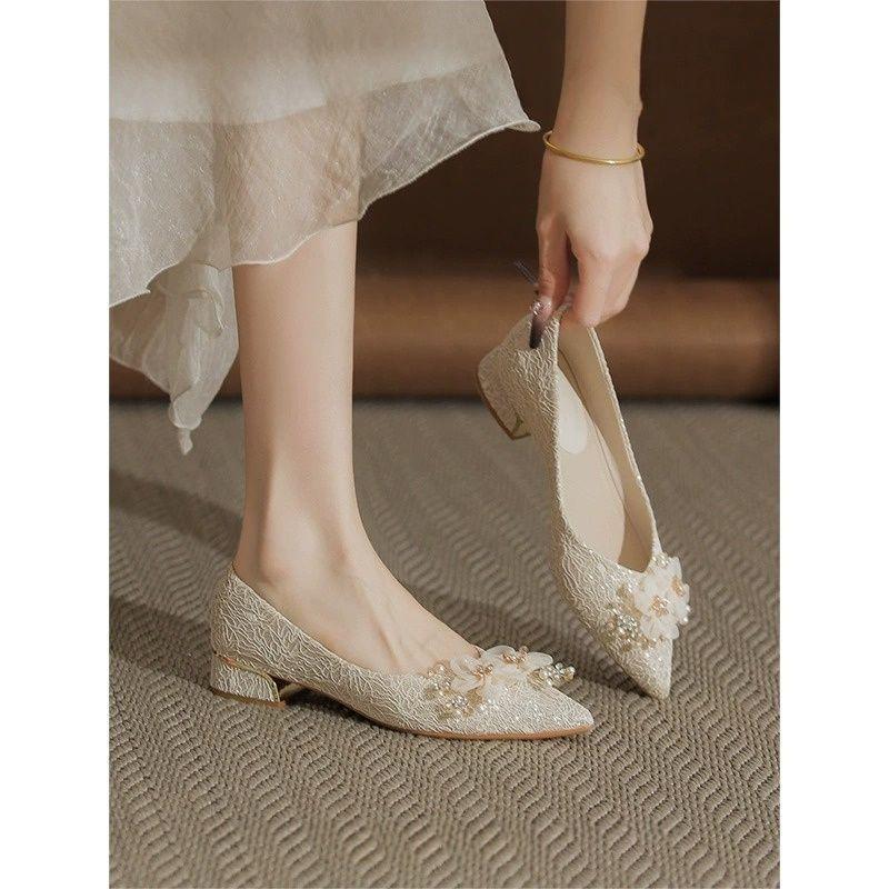 Low Heel Two Wear Pointed Thick Heel Shallow Mouth Single Shoes Flat Sole Not Tired Foot Single Shoes 2025 Spring and Summer Beautiful Flower Wedding