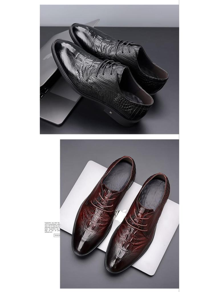 Men's Genuine Cowhide Leather Shoes - British Style, Crocodile Pattern, Pointed, Formal Business Shoes, Brown.