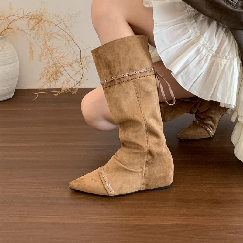 "Wasteland Spice Girls" Inner Heightening Western Cowboy Boots Women's Autumn and Winter Pile Boots Lace-up Skinny Knee Boots