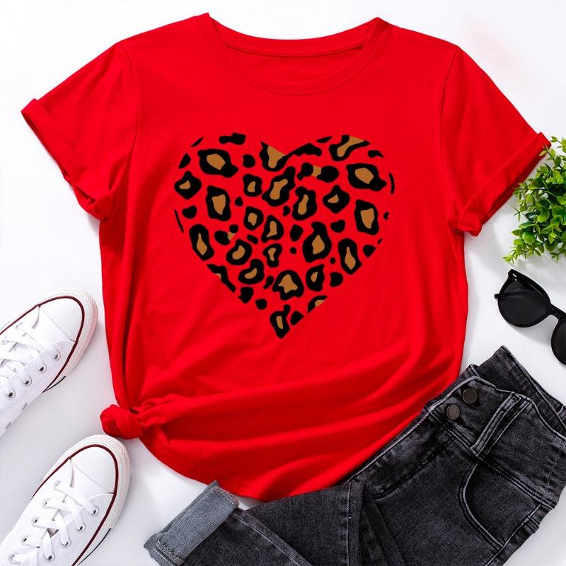 Zomer Dames Bedrukte Luipaardprint Hartvormige Losse Ronde Hals Puur Katoen Korte Mouw T-shirts Dames