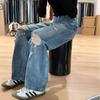 Design Sense Broken Holes High-waisted Straight Wide-leg Jeans Female Summer Big Size High Street Skinny Trailing Pants Retro Jeans for Ladies