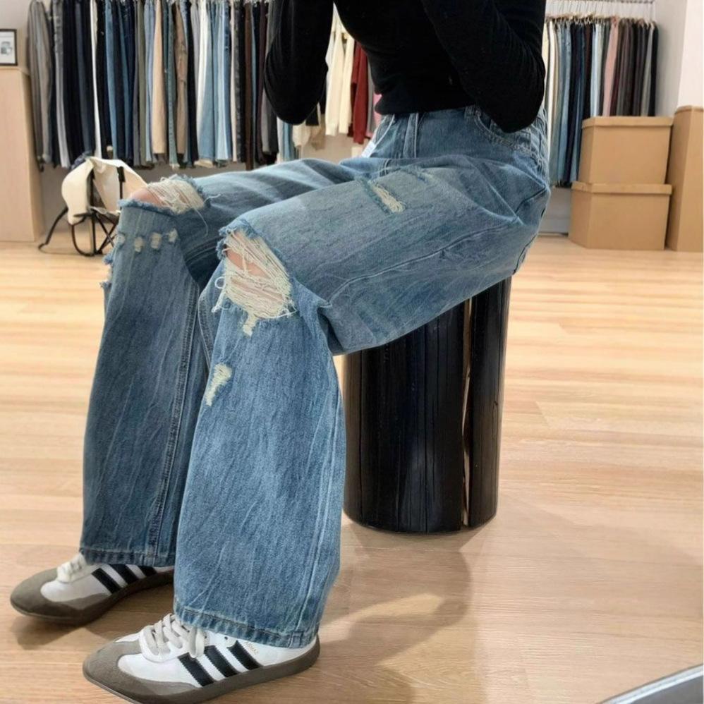 Design Sense Podarte Dziury Jeansy Damskie Letnie Duży Rozmiar High Street Skinny Spodnie Trailing Retro Jeansy dla Pań
