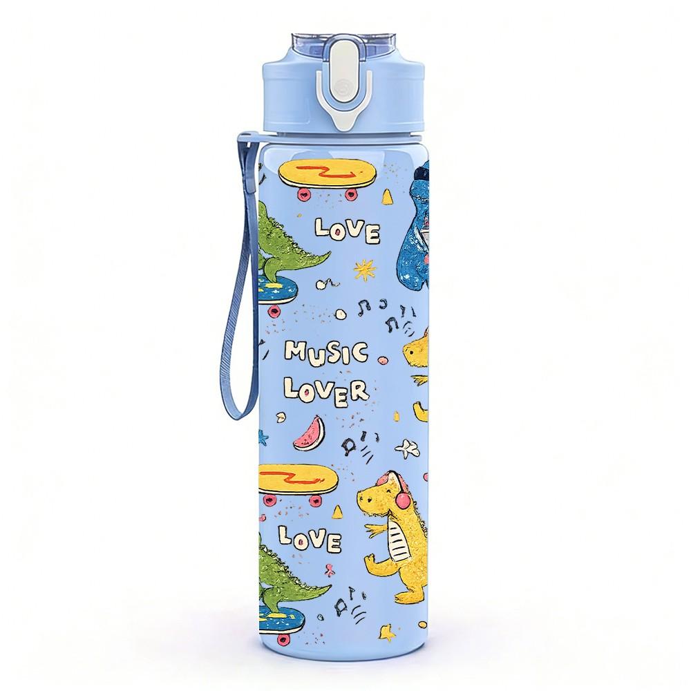 1PC Dino Doodle Hand Drawn Pattern 750ml Color Plastic Sports Water Bottle Leakproof Flip Straw Lid Suitable for Sports Office Home Use
