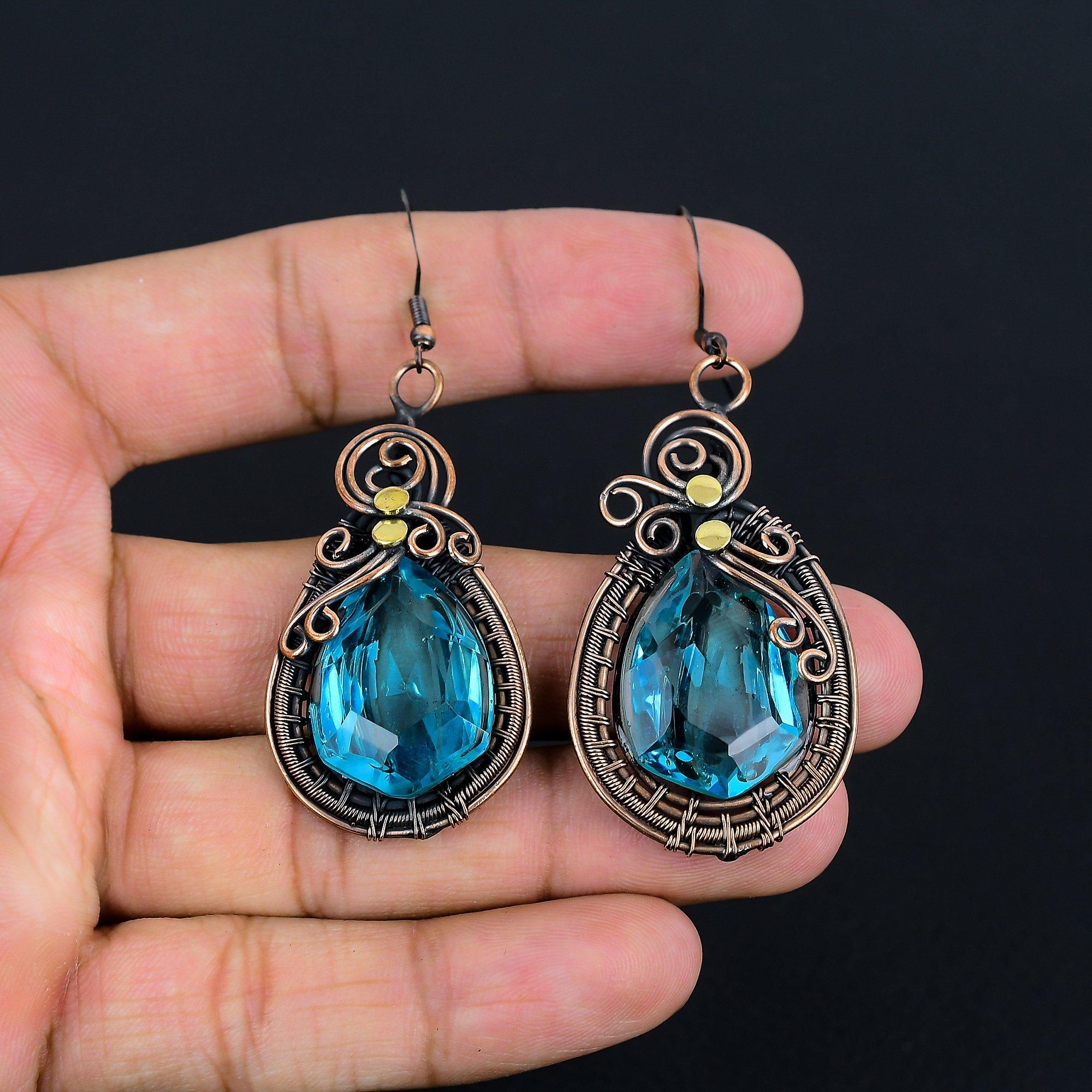 

Серьги из швейцарского голубого топаза, серьги, обернутые медной проволокой 999 пробы, ювелирные изделия из драгоценных камней ручной работы, подарки для жены, совершенно новые серьги 2.15 Inches