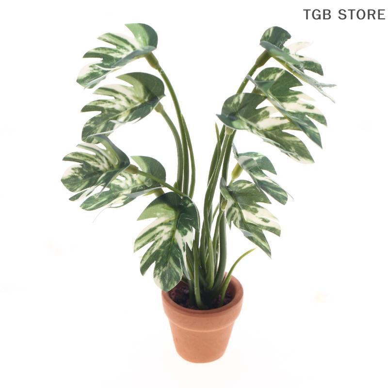 1Pcs Green Monstera Plant Potted Home Decoration Garden Bonsai Model 1/12 Dollhouse Simulation Micro Landscape