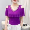 New Korean Summer Women's T-Shirt Hot Diamonds V-Neck Bling Tees Fashion Short-Sleeve Sexy Off The Shoulder Tops