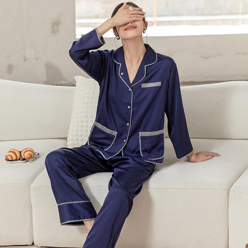 1011 ice silk pajamas women's cardigan premium casual long-sleeved trousers imitation silk new solid color
