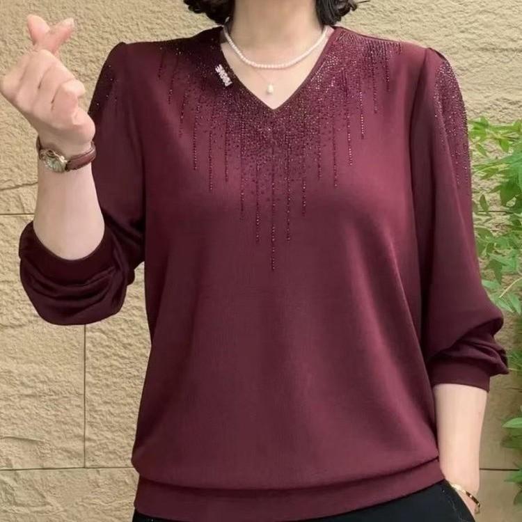 2025 Spring V-neck Chiffon Long Sleeve Blouse for Women – Solid Color Versatile Top for Middle-Aged and Elderly Moms