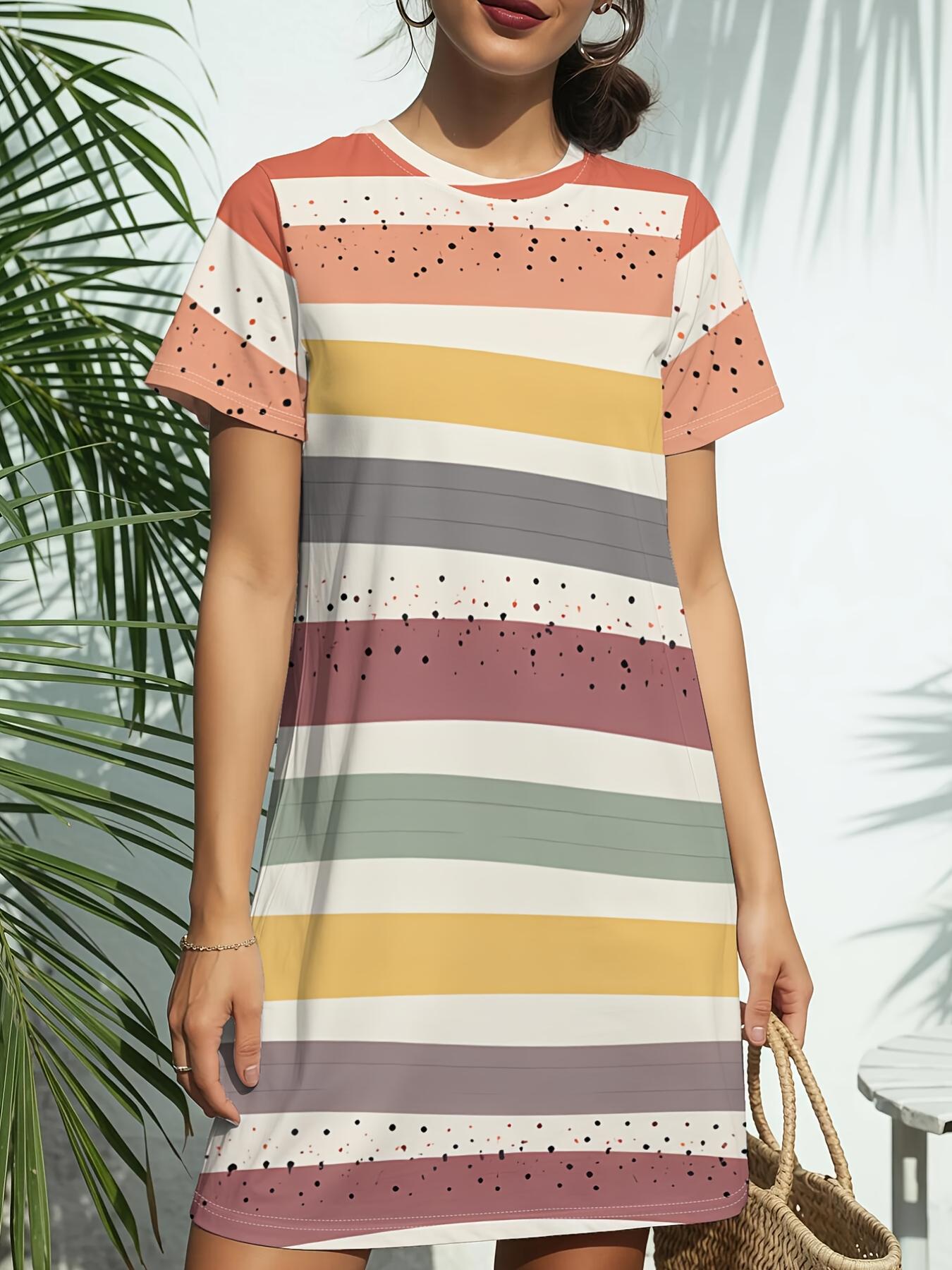 

Women s Short Sleeve T-Shirt Dress with Multicolor Stripe Print Round Neck Short Sleeve Dress - Casual American Style Multicolor Stripes Suitable for 5XL дубильная кора