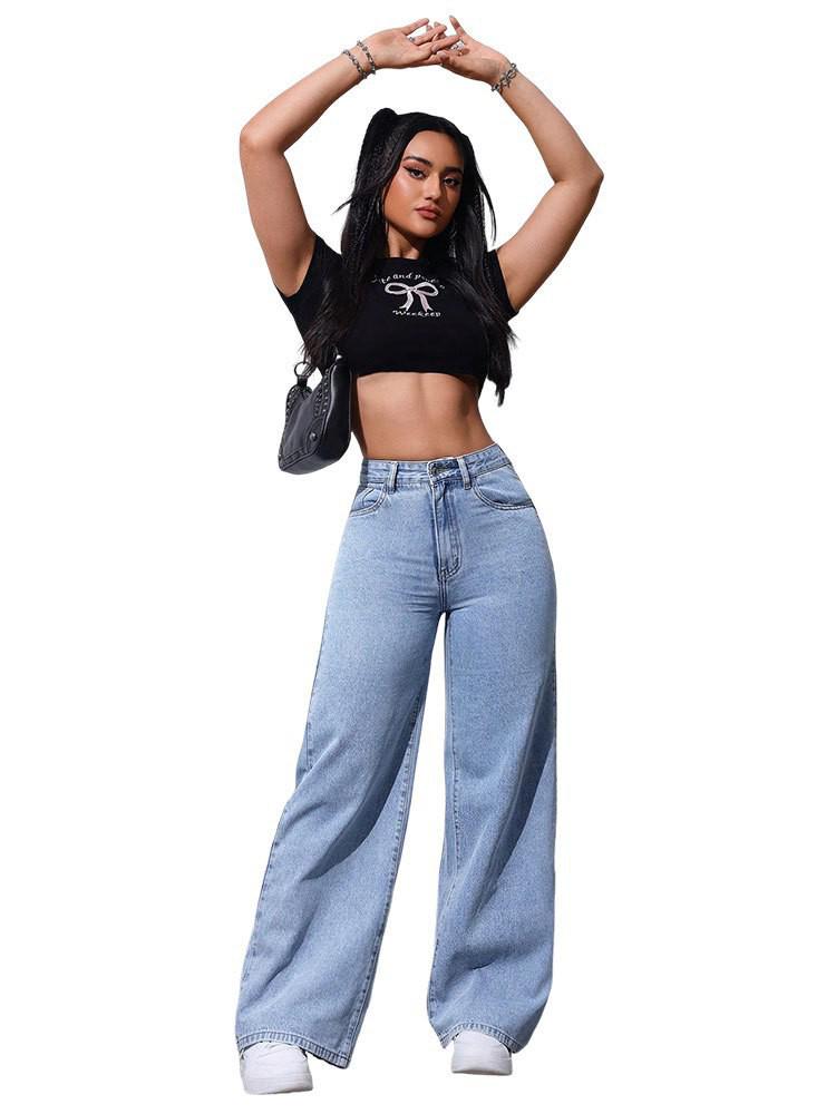 Mehrfarbige High-Waist Weitbeinige Lockere Jeans für Damen XL (125-140 jin) hellblaue
