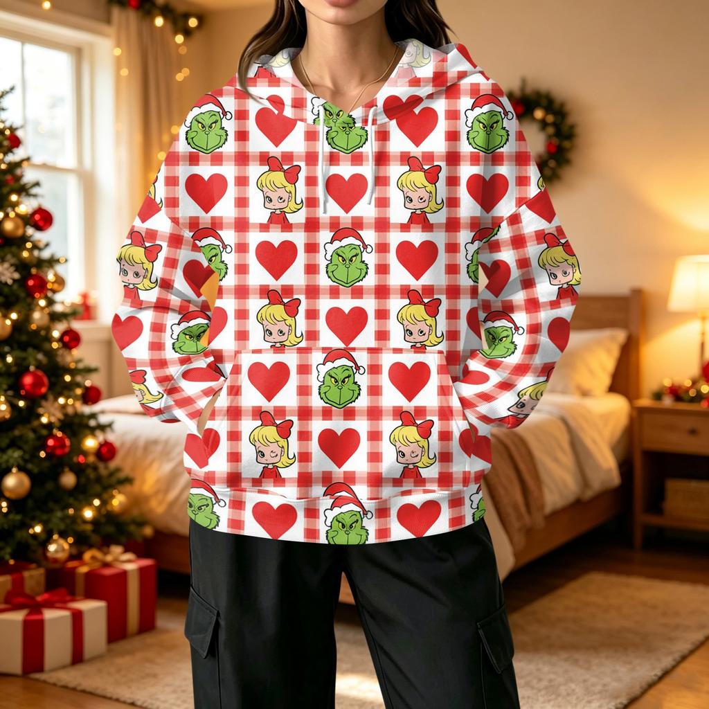 Women's Fashion Casual Christmas Print Hooded Sweatshirt with Pockets