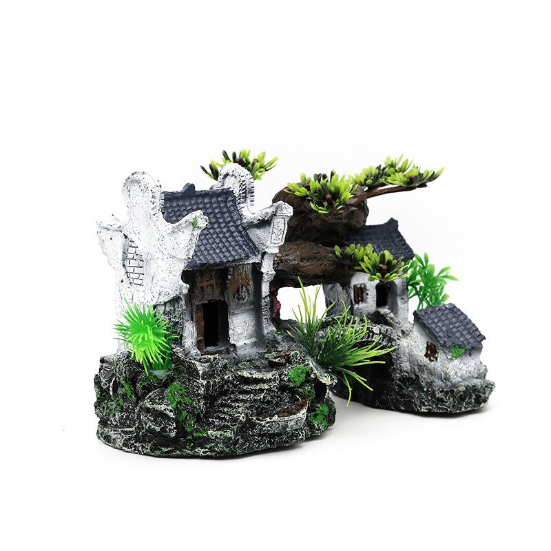 Jiangnan Water Town Fish Tank Landscape: Resin House & Yunhe Tower Aquarium Decor