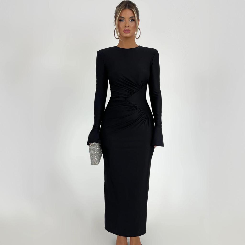 2025 Autumn Ruched Flare Sleeve Slim Fit Dress with Waist-Defining and Hip-Hugging Silhouette
