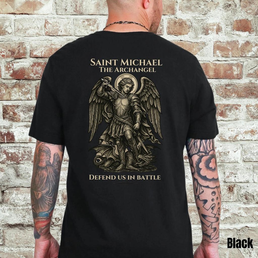 Saint Michael The Archangel T-Shirt Catholic Warrior Spiritual Armor Tee Men Clothing Comfortable