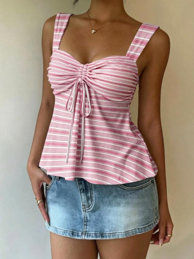 New striped drawstring sling vest, European and American Xiyin best-selling women's top