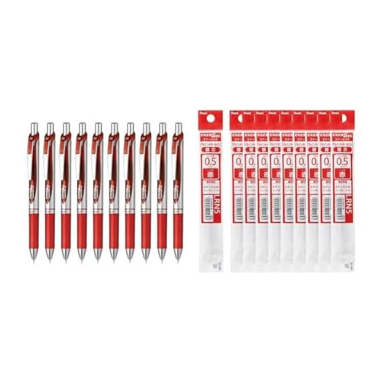 Pentel EnerGel Gel Ink Rollerball Pen BLN75Z-B, 0.5mm Red, 10 Pens; EnerGel 0.5mm Refill XLRN5-B, Red, 10 Refills
