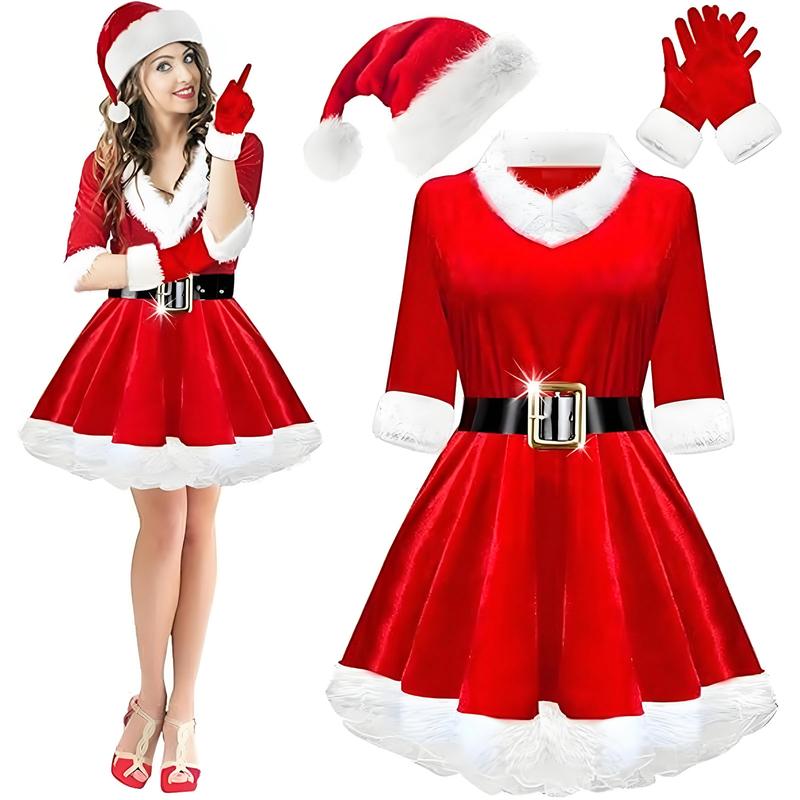 

4 Pcs Mrs. Claus Costume Set Women Santa Claus Costume Velvet Santa Claus Dress with Belt Santa Hat Gloves for Halloween Party XXXL червоний