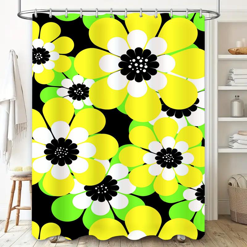 Bright Yellow White Black Floral Shower Curtain Bold Beautiful Bathroom Decor For Kids Bathrooms Modern Design Made With Eco-Fri