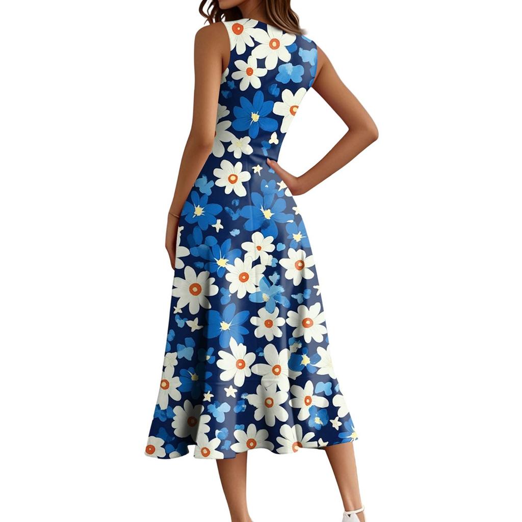 Women's Fashion Casual Zipper Sleeveless Round Neck Independence Day Elegant Temperament Ruffle Dresses Dresses