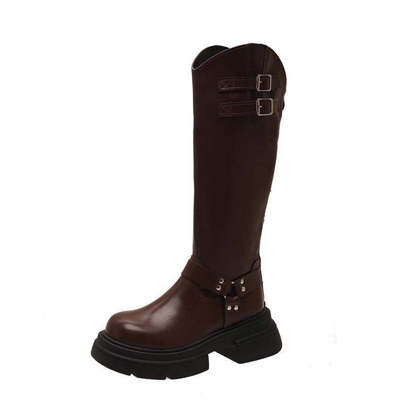 Long leather boots women's leather boots 2024 winter new round head thick heel knight boots foreign fashion boots two kinds and high women's