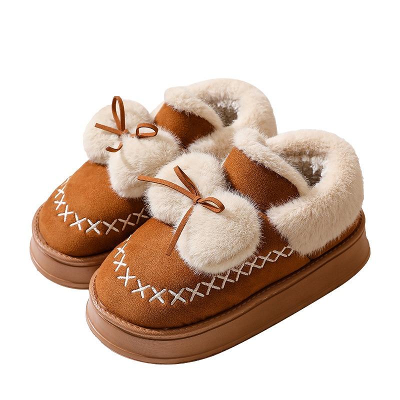 Slippers winter outer wear bag heel thick-soled indoor bow, cotton shoes winter velvet warm low-top cotton slippers women