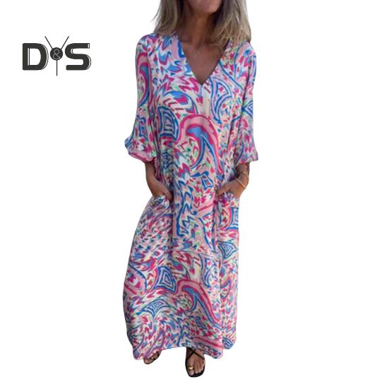 Bedrucktes Maxikleid für Damen, Frühling/Sommer, V-Ausschnitt, Boho-Urlaubskleid, lange Ärmel, lockeres Kleid mit Taschen für den Alltag, Partys, Strand