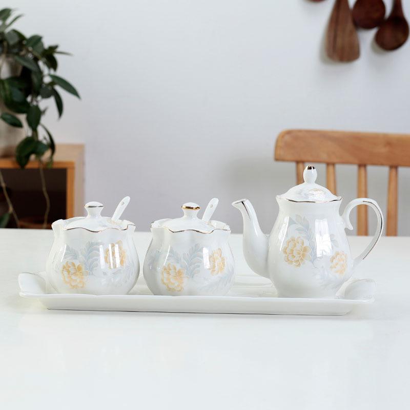 Lotus Ceramic Condiment Jar Set for Salt, Sugar, Soy Sauce, and Vinegar