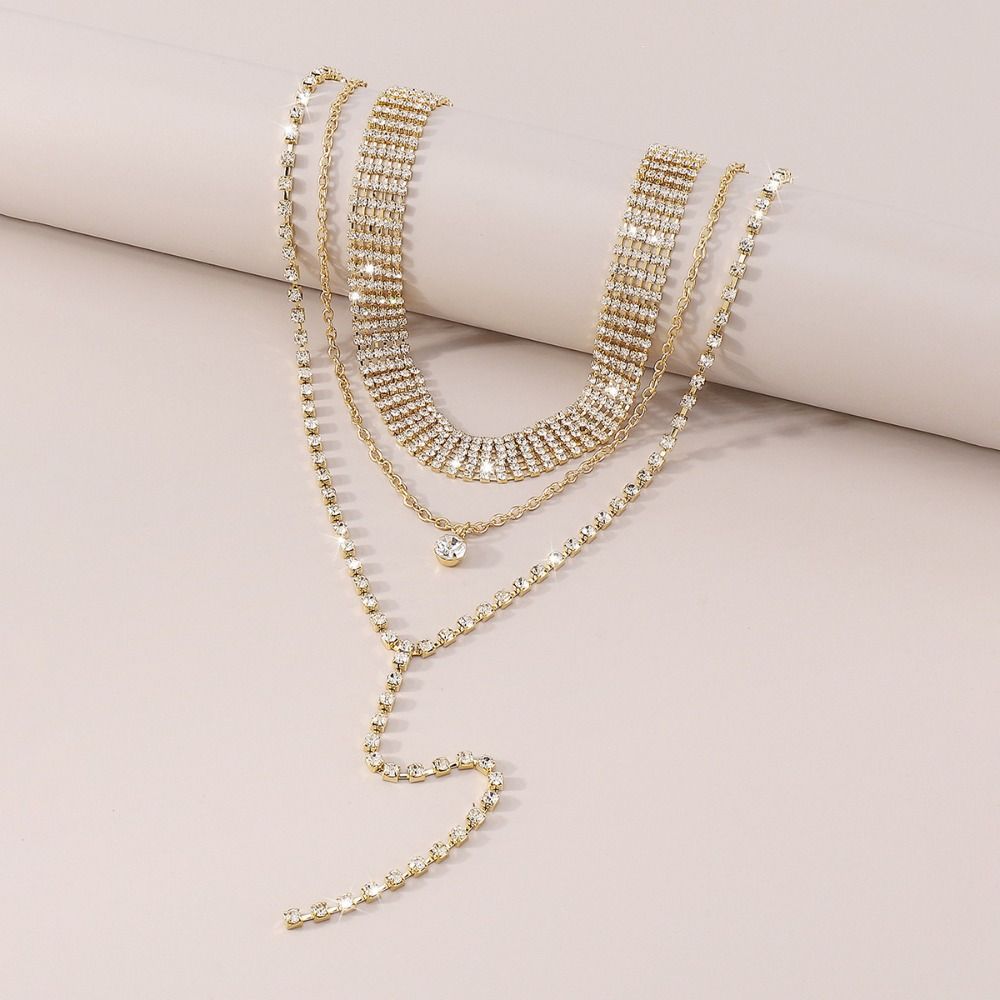 Gold Back Chain Metal Rhinestone Necklace Retro Multi-Layer Necklace  Wedding