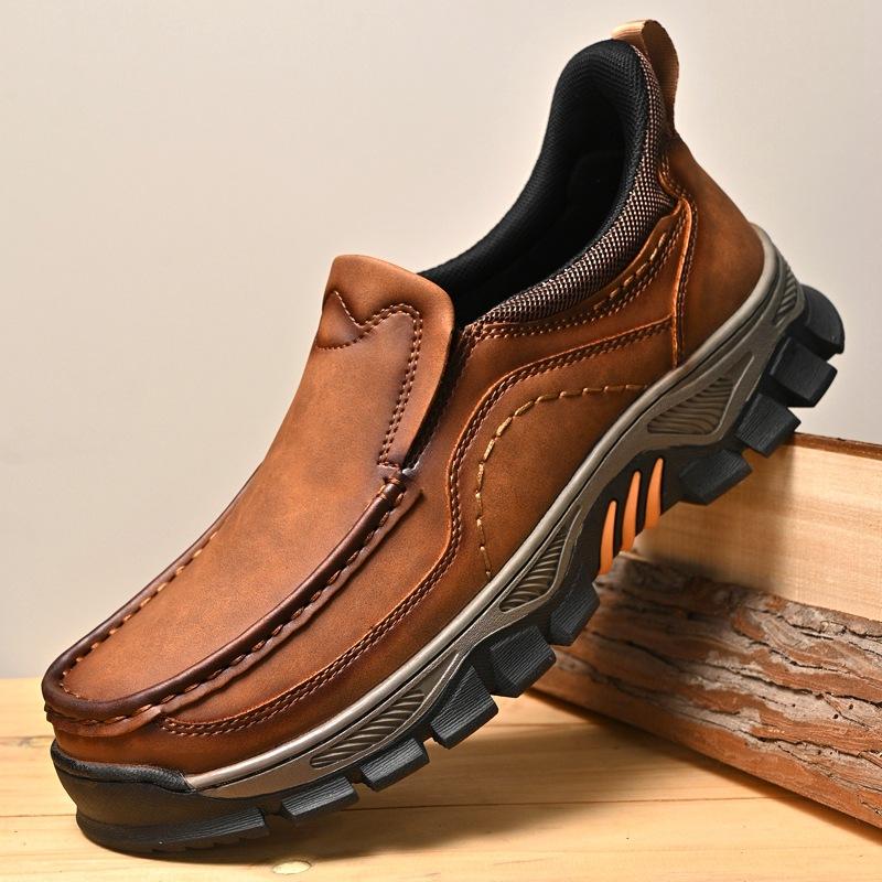 Men's Waterproof Slip On Faux Leather Hiking Shoes for Male Outdoor Non-Slip Walking Sneakers Casual Loafers Work Shoes Comfortable Short Boots