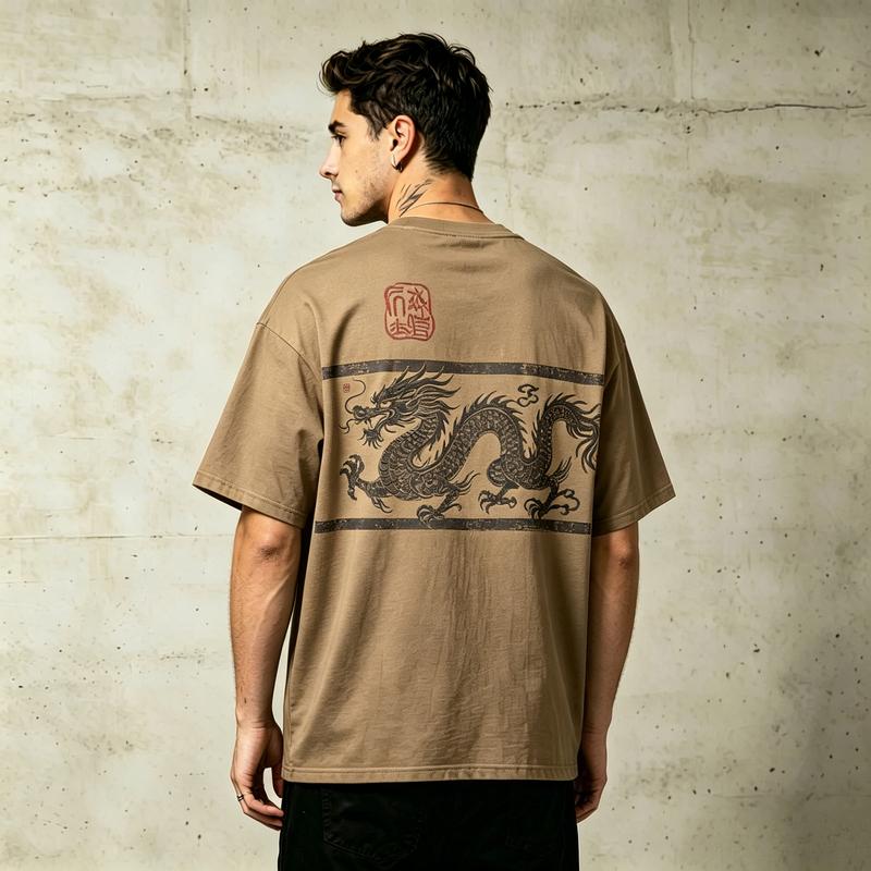 2026 New Unisex Oriental Aesthetic Dragon Seal Back Graphic Vintage Cotton Oversized TShirt Asian Streetwear Casual