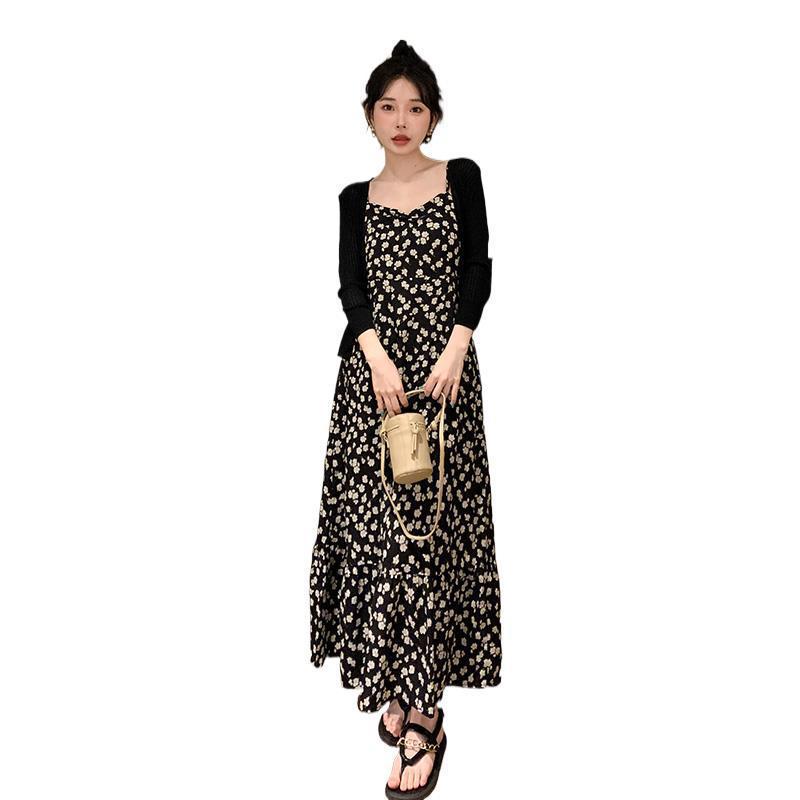 Women's Summer Retro Black Floral Spaghetti Strap Long Dress with Slimming Waist