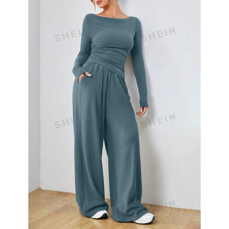 Women's Navy Blue One-Shoulder Long Sleeve Wide Leg Jumpsuit
