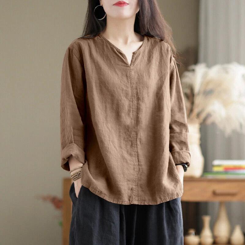 Autumn Women Vintage Cotton Blouse Fashion Solid Loose Shirt Work Tunic Blusas Mujer V Neck Long Sleeve