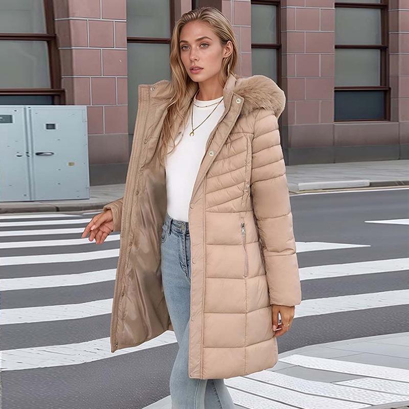 Women's medium and long cotton-padded clothes, thickened large size cotton-padded clothes, slim-fitting fashionable winter clothes, large fur collar