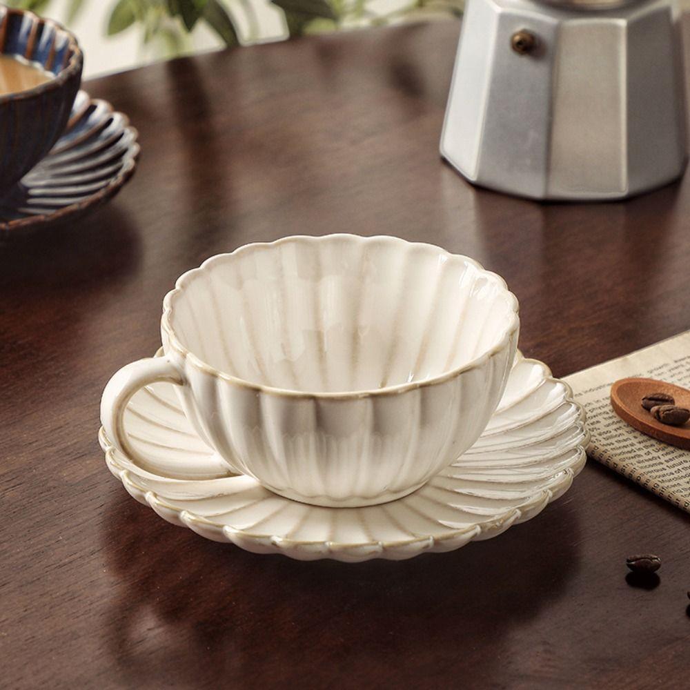 Retro Tea Mug Plate Set Flower Shaped Pottery Drinkware Set Creative Milk Cups Breakfast